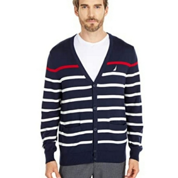 NÁUTICA Men Striped V-neck Button Cardigan Sweater - Picture 6 of 6